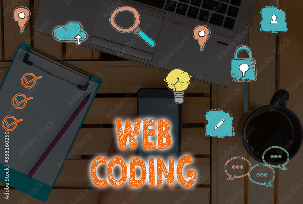  text sign showing web coding. business photo showcasing work involved in developing a web site for t
