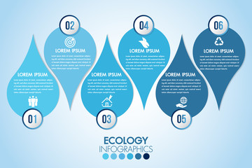 Infographic eco water blue design elements process 6 steps or options parts with drop of water. Ecology organic nature vector business template for presentation.