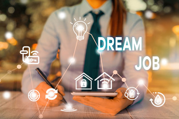 Conceptual hand writing showing Dream Job. Concept meaning An act that is paid of by salary and giving you hapiness
