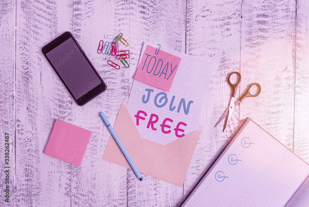 Poster text sign showing join free. business photo showcasing the act or an instance of joining a group or 