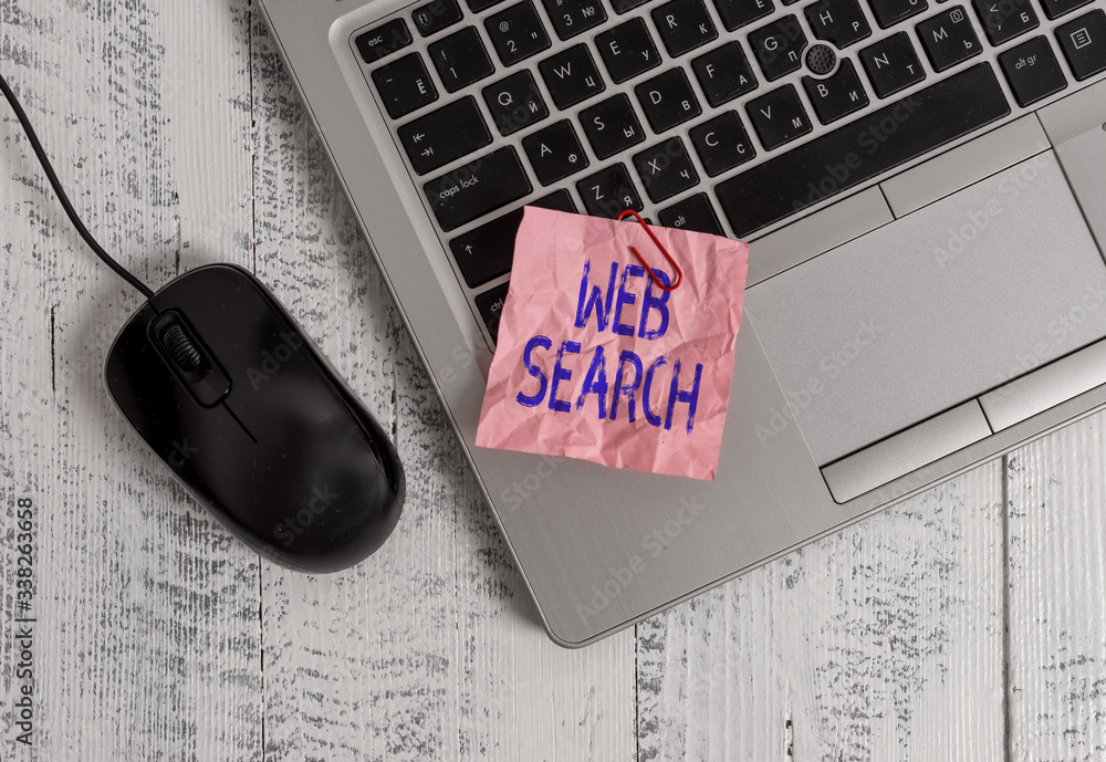 Poster writing note showing web search. business concept for software system designed to search for informa
