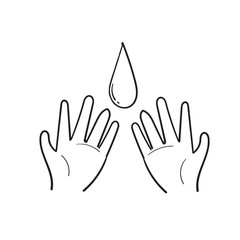 hand drawn water drop in the palm of the hand symbol for save water illustration doodle