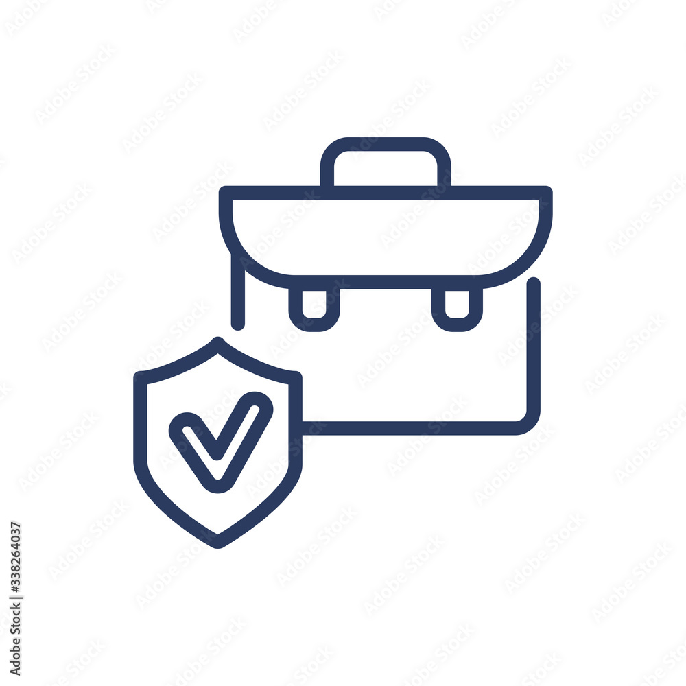 Poster corporate suitcase thin line icon. business and insurance concept. shield with checkmark in front of
