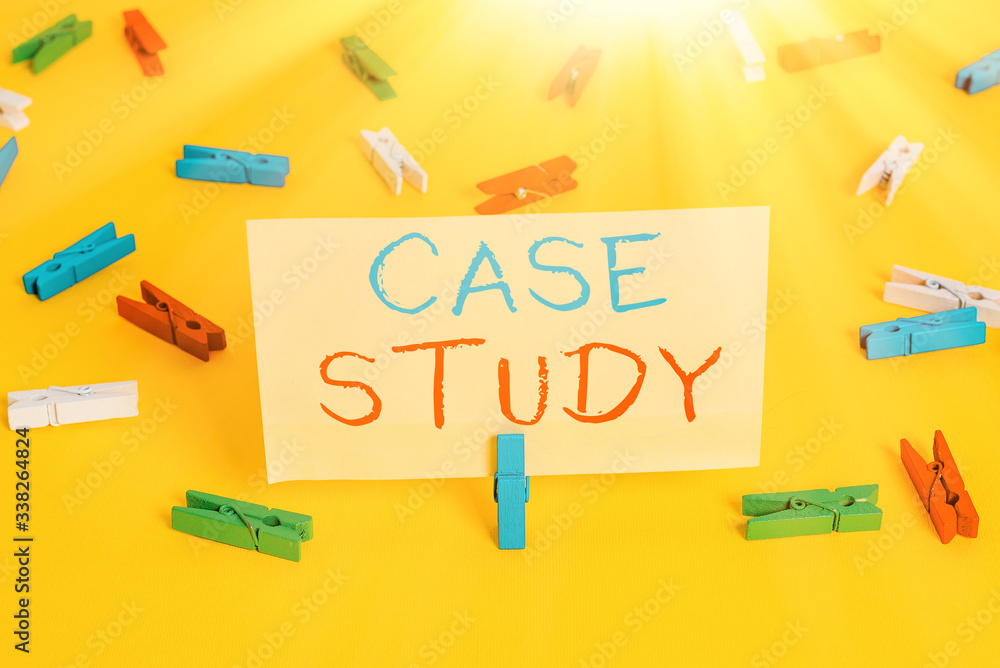 Poster word writing text case study. business photo showcasing analysis and a specific research design for 