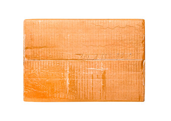 Top view cardboard box closed with transparent packing tape isolated on white background , clipping path