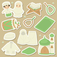Cute shalat or Islamic prayer equipment in doodle style. Kawaii Islamic prayer elements vector set.
