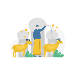 Eid al-Adha Qurban celebration, celebrated all Muslims by slaughtering livestock vector illustration, suitable for landing page, ui, website, mobile app, editorial, poster, flyer, article, and banner