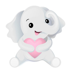 Cute baby elephant is holding a pink heart. Vector illustration for children. Design for print of clothes, books for children, cards, covers and fabric.