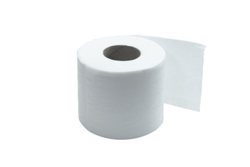 Toilet paper roll, standing on edge, isolated on white.