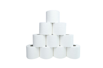 White toilet paper or toilet roll stacked in pyramid. Side view isolated on white background.