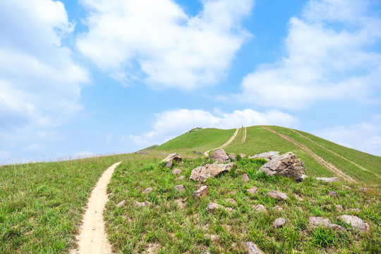 Peaceful greenland, blue sky, and white cloud in the countryside of Hong Kong