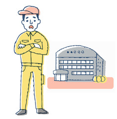 作業服の男性と会社　困った表情