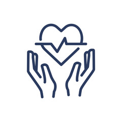 Heart rate thin line icon. Hands protecting heart health isolated outline sign. Healthcare and medical insurance concept. Vector illustration symbol element for web design and apps