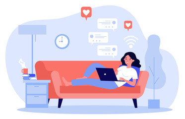 Beautiful woman relaxing at sofa with laptop computer flat vector illustration. Young girl staying at home and chatting with friends via digital device. Digital technology and entertainment concept. - obrazy, fototapety, plakaty