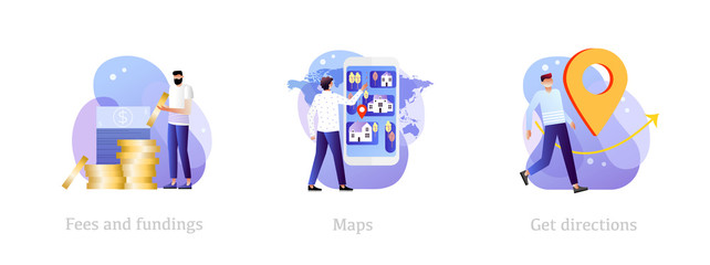 Fees and funding, maps, get directions metaphor illustrations set