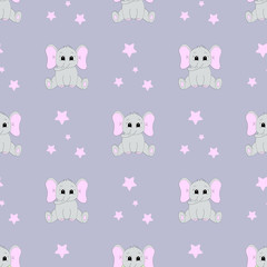 Seamless pattern with cartoon baby elephant. Vector illustration.