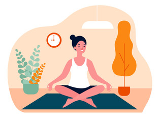 Obraz na płótnie Canvas Woman doing morning yoga at home flat vector illustration. Female character sitting in calm posture. Wellness, healthcare and lifestyle concept