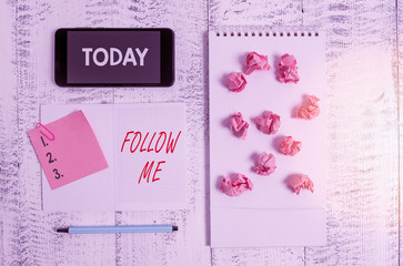 Word writing text Follow Me. Business photo showcasing Inviting a demonstrating or group to obey...