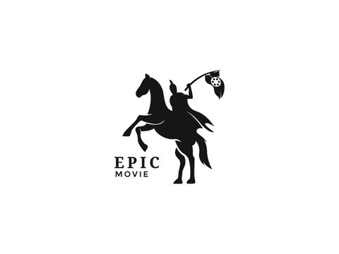 Horseback Knight Silhouette, Horse Warrior Paladin Medieval logo design with movie film cinema
