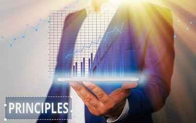 Writing note showing Principles. Business concept for fundamental truth that serves as the base for...