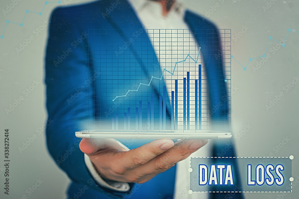 Poster word writing text data loss. business photo showcasing process or event that results in data being c