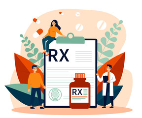 Pharmacist and patients presenting RX prescription. Doctor recommending painkiller drugs. Vector illustration for pharmacy, medication, disease, therapy concept