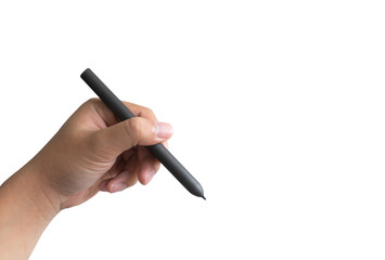 Hand with black pen isolated on white background