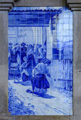 19th-century azulejo tilework in the main hall of Porto Sao Bento train station in Porto, Portugal famous for the tiles