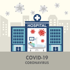 Covid-19 Coronavirus infected patient in hospital. Coronavirus quarantine patient treatment concept vector illustration. Covid-19 pandemic disease in flat design.