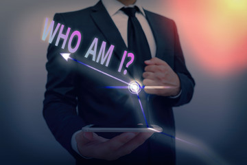 Word writing text Who Am I Question. Business photo showcasing asking about self identity or...