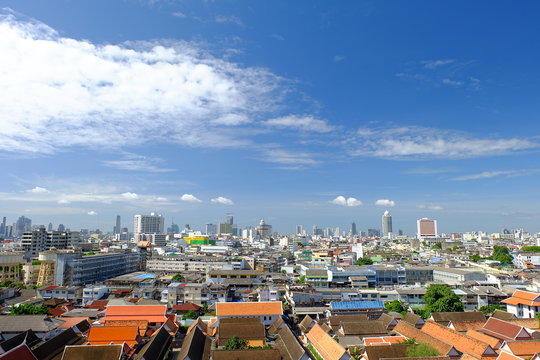 High Angle Shot Of Cityscape Against Blue Sky