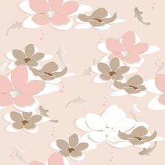 Floral textile seamless pattern with paper cut flowers. Tropical fish and lotus flowers on a pink background. Vector endless textile texture for fabric, kitchen dough and bedding.