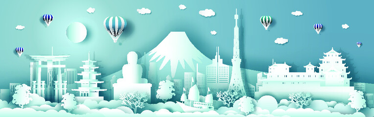 Travel japan with ancient and modern building with asean culture. Business brochure modern design.Travelling panorama landmarks of asian with architecture and cityscape background.Vector illustration