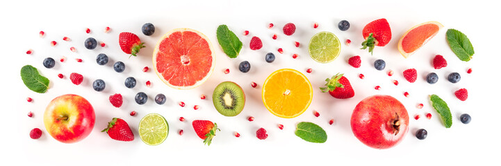 Fresh summer fruit panorama, a flat lay on a white background, vibrant food pattern, shot from the top