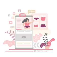 Modern smartphone with social media page on screen. Fashion woman blogger making review for underwear.