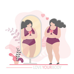 Love your body. Positive fat woman looking in the mirror. Happy overweight female character holding heart.