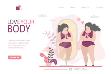 Love your body landing page. Positive fat woman looking in the mirror. Happy overweight female