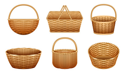 Wicker basket vector realistic set icon. Vector illustration basketry on white background. Isolated realistic set icon wicker basket . - obrazy, fototapety, plakaty