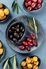 Olives, overhead shot. An assortment of green, black and red olives
