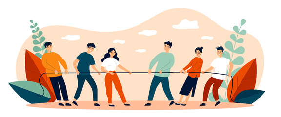People playing game and pulling rope flat vector illustration. Office contest for two teams resisting each other in struggle. Competition, challenge and confrontation concept