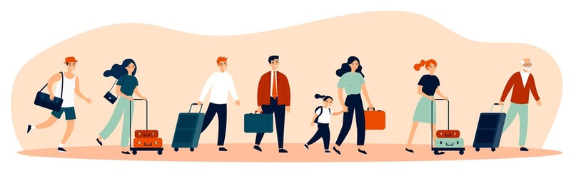 Happy tourists with suitcases walking together flat vector illustration. Group of people travelling abroad. Family with bags going from airport. Men and women during trip. Tourism and journey concept