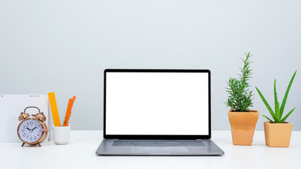 Mock up stylish office workspace with blank laptop screen, clocks and blank calendar, rosemary and aloe vera plant pot.