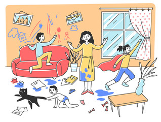 Calm mother meditating in chaos flat vector illustration. Mischievous and naughty children playing and destroying room. Parenting and behavior concept