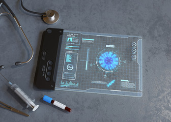 Tablet with futuristic hud screen, Coronavirus concept