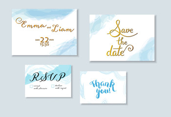 Vector wedding invitation set with Save the Date, RSVP and Thank You cards, suitable for hot foil stamping, with elegant letteting and watercolor brush strokes