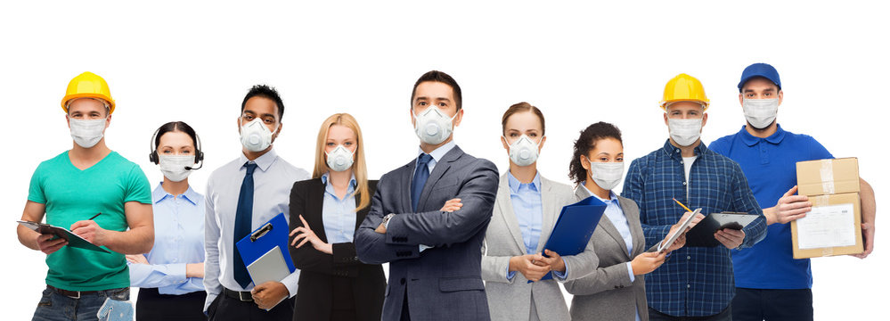 Health Care, Quarantine And Business Concept - Group Of People Of Different Jobs Wearing Protective Medical Masks For Protection From Virus