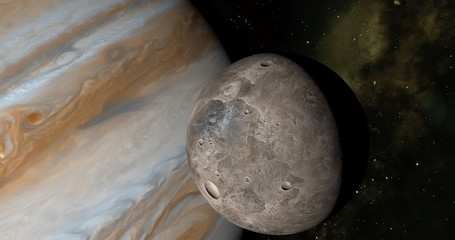 Jupiter planet and satellite Ganymede in rotation in the outer space. 3d rendering