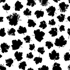 Gooseberry leaves black ink prints seamless pattern. Repeating texture of foliage imprints. Nature plant decoration for fabric design, wrapping paper or any other backdrop. EPS8 vector illustration.