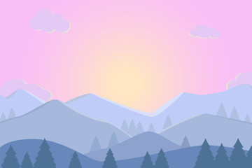 Vector illustration of Landscape Sunrise sunset in the mountains.