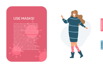 Woman wearing protection from virus. Young girl with medical masks to prevent disease, flu, air pollution, contaminated air, world pollution. Vector illustration in a flat style